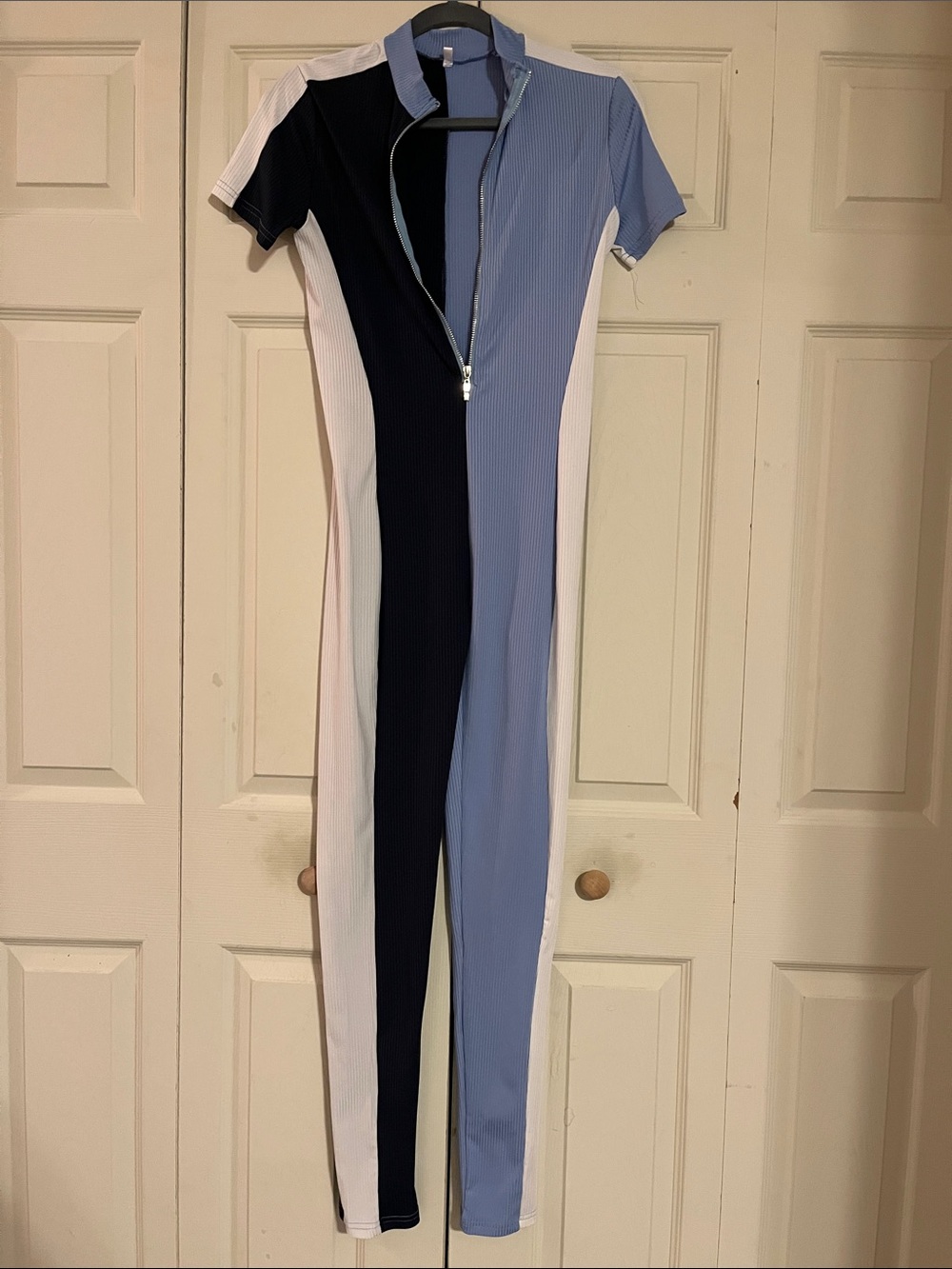 Colorblock Short-Sleeve Zip-Front Jumpsuit in Navy, Light Blue & White